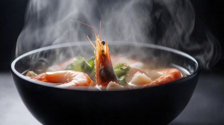 A steaming bowl of Tom Yum Kung soup showcases vibrant shrimp and fresh herbs, exuding an aromatic blend of Thai flavors perfect for culinary enthusiasts.の素材