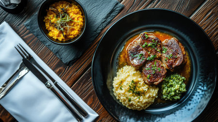 A beautifully arranged plate of osso buco served with saffron risotto and a side dish. Perfect for showcasing gourmet culinary experiences in dining settings.の素材