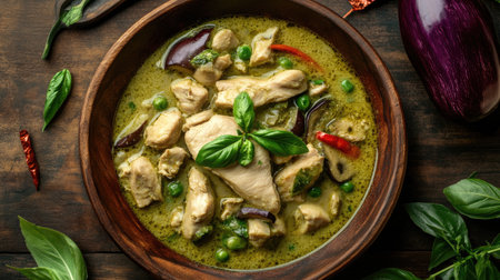 A top view of a wooden plate showcasing a vibrant Thai chicken dish rich in green curry, fresh basil, and colorful vegetables, perfect for any dining occasion.の素材