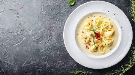 Experience the elegance of tortellini beautifully styled on a plate, enhanced by fresh herbs and a rich sauce, perfect for any gourmet dining occasion.の素材