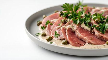 A beautifully arranged plate of vitello tonnato topped with fresh herbs, capers, and a creamy sauce, perfect for showcasing gourmet culinary skills.の素材