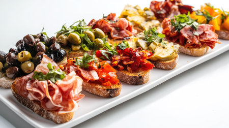 Discover a stunning platter of cicchetti featuring a vibrant array of cured meats, olives, and fresh herbs, perfect for sharing at any gathering or celebration.の素材