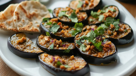 A beautifully styled plate featuring a delicious eggplant appetizer, garnished with fresh herbs and spices, perfect for gourmet dining experiences.の素材