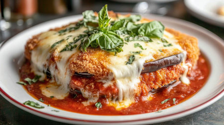 A beautifully plated dish of Melanzane alla Parmigiana featuring layers of eggplant, tomato sauce, and melted cheese, garnished with fresh basil. Perfect for any Italian meal.の素材