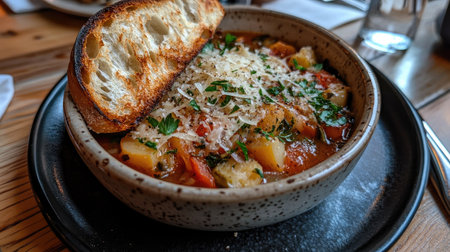 A delicious homemade ribollita soup served in a charming bowl, topped with fresh herbs and a slice of toasted bread, perfect for a cozy meal.の素材