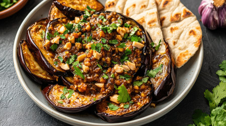 A beautifully styled gourmet appetizer featuring savory eggplant with spices, nuts, and herbs, served with naan bread for an inviting culinary experience.の素材