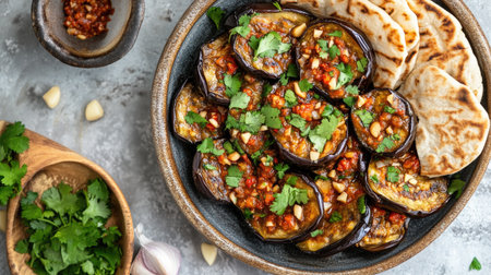 A beautifully styled appetizer plate featuring roasted eggplant topped with herbs and served alongside soft flatbread. Ideal for culinary presentations.の素材