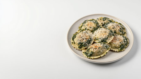 A beautifully plated dish featuring ravioli filled with spinach and cheese, garnished with a sprinkle of cheese, perfect for any meal or occasion.の素材