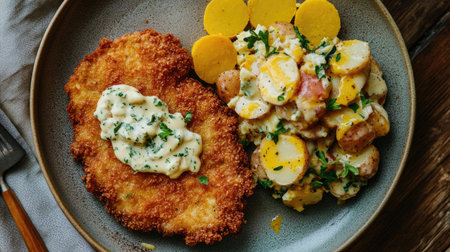 Enjoy a beautifully plated Wiener schnitzel served with vibrant sides, showcasing delightful culinary presentation with fresh ingredients and crispy textures.の素材