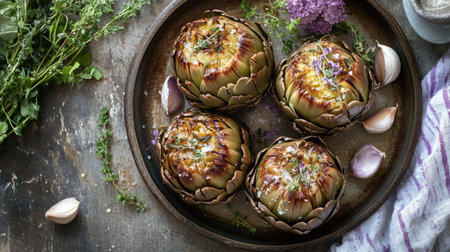 A beautifully plated dish of carciofi alla Romana featuring grilled artichokes seasoned with fresh herbs and garlic, perfect for any gourmet meal.の素材