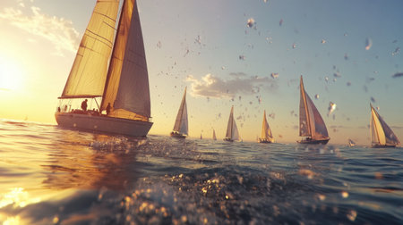 Experience the thrilling atmosphere of a regatta race on the Baltic Sea at sunset. Sailboats glide over reflective waters, creating a picturesque scene.の素材