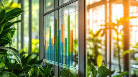 A vibrant bar chart displayed in an eco-friendly workspace, surrounded by lush plants. The sunlight filters through, highlighting data trends and business insights.の素材