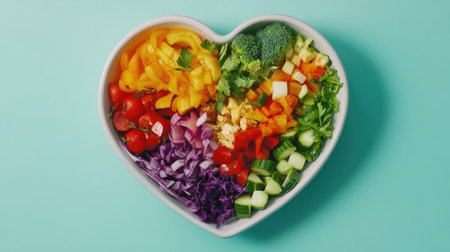 A vibrant heart-shaped plate overflowing with an array of fresh, colorful vegetables, perfect for promoting healthy eating and vibrant meal presentations.の素材