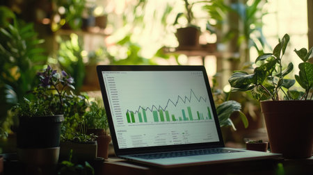 A close-up view of a laptop screen displaying a revenue chart amidst lush plant life, blending technology with nature for a serene workspace atmosphere.の素材