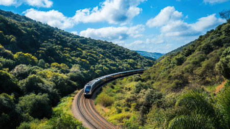 A sleek commuter train elegantly curves through a lush green landscape under a bright blue sky, showcasing modern transport in harmony with nature.の素材