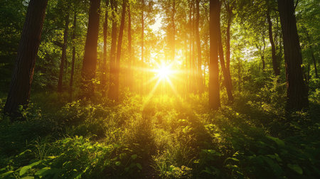 Experience the beauty of vibrant sunlight filtering through a lush green forest, creating a serene and illuminating atmosphere in nature.の素材