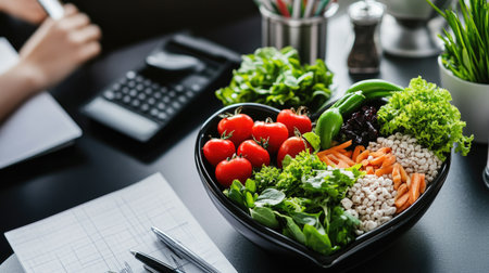 A heart-shaped bowl filled with fresh vegetables and greens sits on a desk, symbolizing healthy eating and nutrition. Perfect for food enthusiasts and diet planners.の素材
