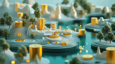 A captivating serene 3D landscape filled with currency symbols, golden elements, and lush trees, creating a tranquil and artistic environment.の素材