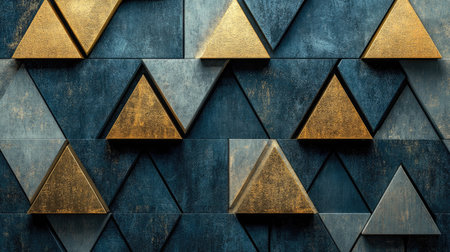 This striking image features golden triangular shapes arranged in a complex 3D design, creating a dynamic and luxurious visual experience perfect for modern decor and artistic inspiration.の素材
