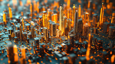 Explore a vibrant 3D visualization of a financial cityscape made from data points, showcasing modern architecture and glowing illumination effects.の素材