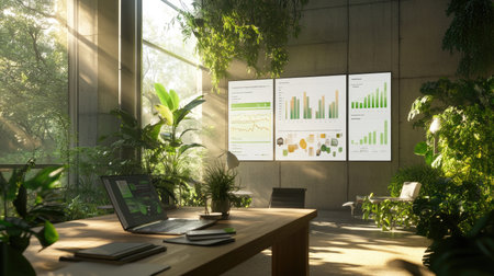 A serene office environment showcasing a team engaged in reviewing data and analytics, surrounded by greenery and natural light, promoting a productive atmosphere.の素材