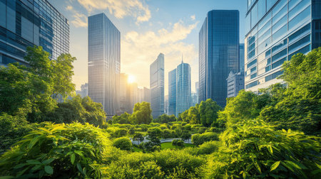A stunning view of a lush city skyline at sunrise, blending modern architecture with vibrant greenery. This scene captures harmony between nature and urban development.の素材