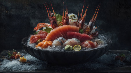 A beautiful arrangement of sashimi and seafood on ice showcases the vibrant colors and textures of fresh ingredients, ideal for culinary enthusiasts and food lovers.の素材