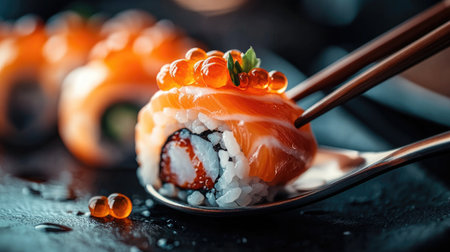 A delightful spoonful of salmon roe caviar elegantly served atop a sushi roll. Perfect for gourmet dining, this vibrant dish showcases fresh flavors.の素材