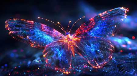 A stunning cosmic butterfly rendered in 3D with vivid colors and glowing patterns. This artwork blends nature with futuristic design, creating an ethereal and dreamlike visual.の素材