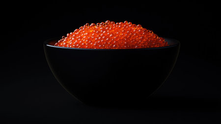 A stunning close-up of dark salmon roe filling a sleek black bowl. The vibrant texture and glossy finish create an elegant and appetizing visual experience perfect for gourmet cuisine.の素材