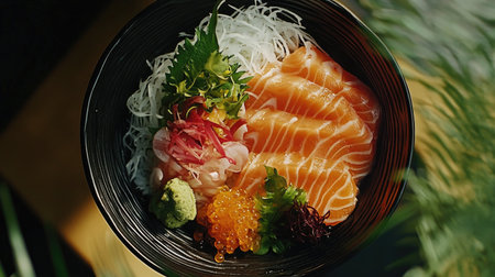 Experience the vibrant presentation of traditional Japanese sashimi in a top-down view. This stunning dish features fresh salmon, garnished with herbs and accompaniments, showcasing culinary artistry.の素材