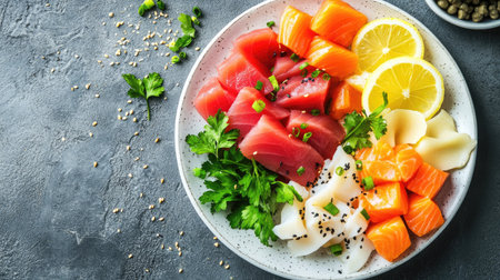 A stunning top-down view of an exquisite seafood plate featuring fresh slices of salmon, tuna, and scallops, garnished with herbs and lemon, perfect for culinary art.の素材