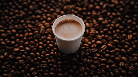 A delightful scene featuring a freshly brewed cup of coffee amidst an array of roasted coffee beans, capturing the essence of comfort and warmth in every sip.の素材