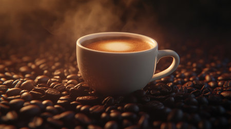 A warm coffee cup rests among rich, fresh coffee beans, emanating an inviting aroma. Ideal for showcasing comfort, indulgence, and the simple pleasures of coffee enjoyment.の素材