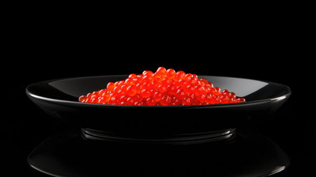 This image features fresh ikura salmon roe presented on an elegant black plate, offering a gourmet look with its vibrant texture. Perfect for culinary showcasing.の素材
