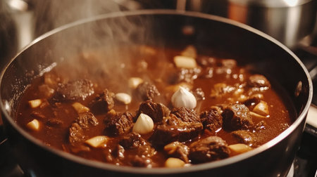 A mesmerizing view of beef bouillon simmering in a pot, filled with rich flavors and aromatic steam, perfect for hearty meals or comforting dinners.の素材