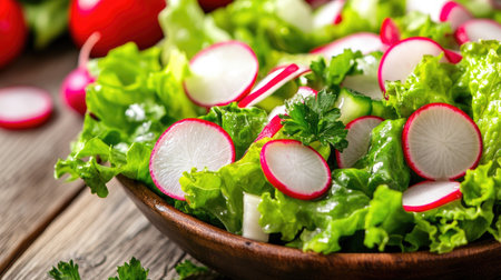 A vibrant and fresh salad featuring crisp lettuce and slices of radish, presented in a wooden bowl. Perfect for healthy meals or summer gatherings.の素材