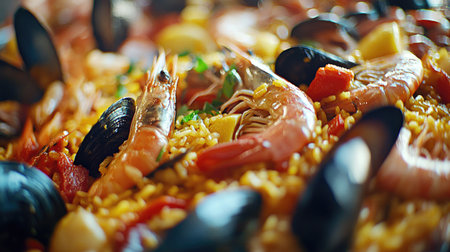 A close-up of a generous seafood paella displaying vibrant colors and fresh ingredients. Ideal for showcasing Mediterranean cuisine and gourmet meals.の素材