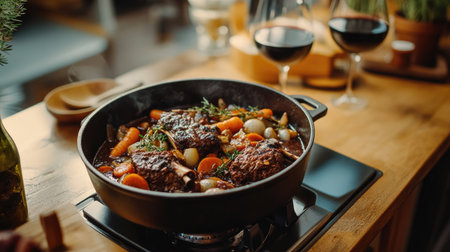 A cozy kitchen scene showcasing a pot of delicious beef ribs bourguignon. Vibrant vegetables add color, while wine glasses enhance the inviting atmosphere.の素材