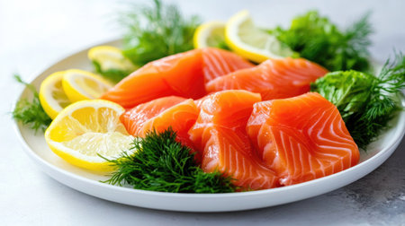 A beautiful arrangement of fresh salmon fillets garnished with lemon slices and herbs, perfect for culinary presentations and healthy meals.の素材