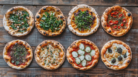 Discover a top view of delightful gourmet pizzas on a rustic wooden table, showcasing vibrant toppings and fresh herbs for a perfect culinary experience.の素材