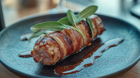 A modern interpretation of traditional saltimbocca alla Romana, beautifully plated with fresh sage and a savory sauce, showcasing gourmet culinary artistry.の素材