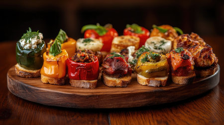A vibrant close-up of a variety of Italian stuffed vegetables served on a rustic wooden platter, showcasing delicious flavors and colorful presentation. Perfect for culinary inspiration.の素材