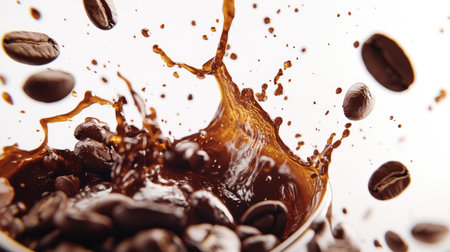 A captivating shot of coffee splashing out of a cup, surrounded by roasted beans, showcasing the rich texture and allure of this beloved beverage. Perfect for coffee enthusiasts!の素材
