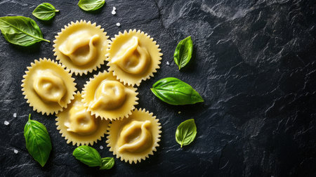 An overhead view of homemade ravioli displayed on a dark stone surface, garnished with fresh basil leaves, highlighting the natural textures and flavors of Italian cuisine.の素材