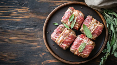 Indulge in a gourmet plate of saltimbocca alla romana, featuring tender meat wrapped in herbs and bacon, perfect for a flavorful dining experience.の素材
