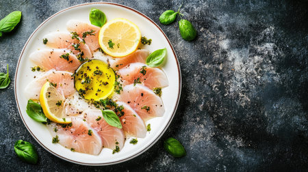 A beautiful plate featuring fresh carpaccio drizzled with olive oil and garnished with lemon slices and basil, perfect for a stylish meal or appetizer.の素材