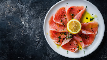 A beautiful plate of fresh fish carpaccio garnished with lemon slices and a drizzle of olive oil, perfect for a gourmet appetizer or healthy meal.の素材