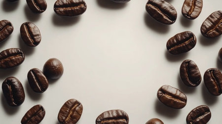 Discover a close-up shot of dark roasted coffee beans arranged in a circular pattern on a neutral background, showcasing their rich texture and organic appeal.の素材