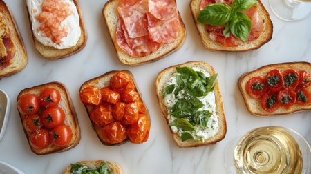 Discover a beautiful layout of cicchetti featuring fresh ingredients, perfect for sharing at gatherings or enjoying as gourmet appetizers with wine.の素材